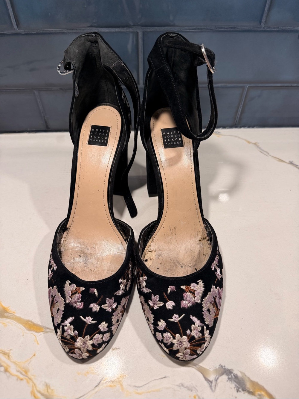 White House Black Market Black Floral Embroidered Ankle-Strap Heels